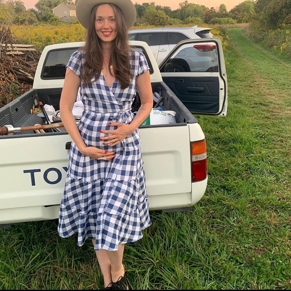 Reformation gingham wrap dress, heavy woven cotton.